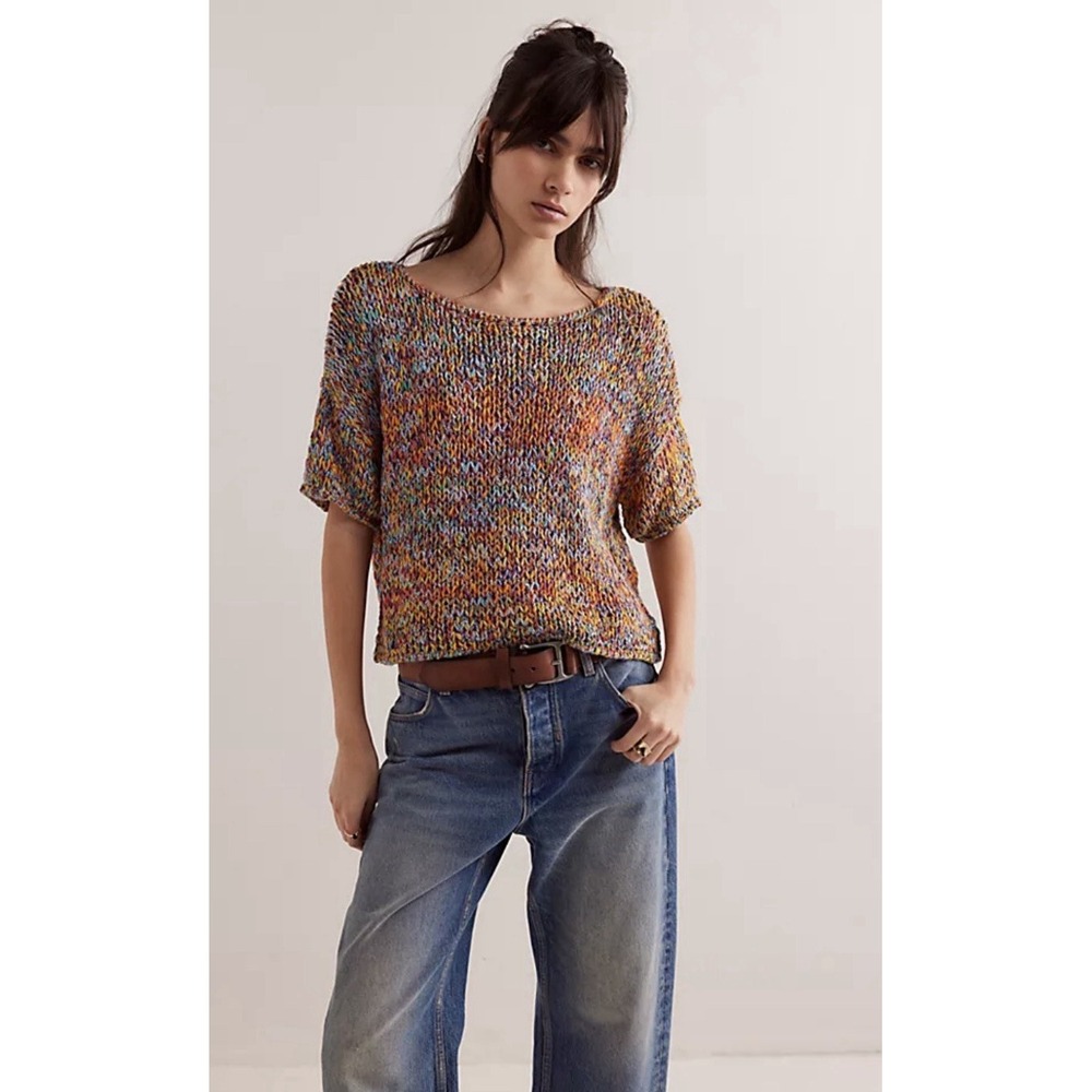 Free People Mezcal Sweater Tee M Blue Multi Open Knit Short Sleeve NWT $98